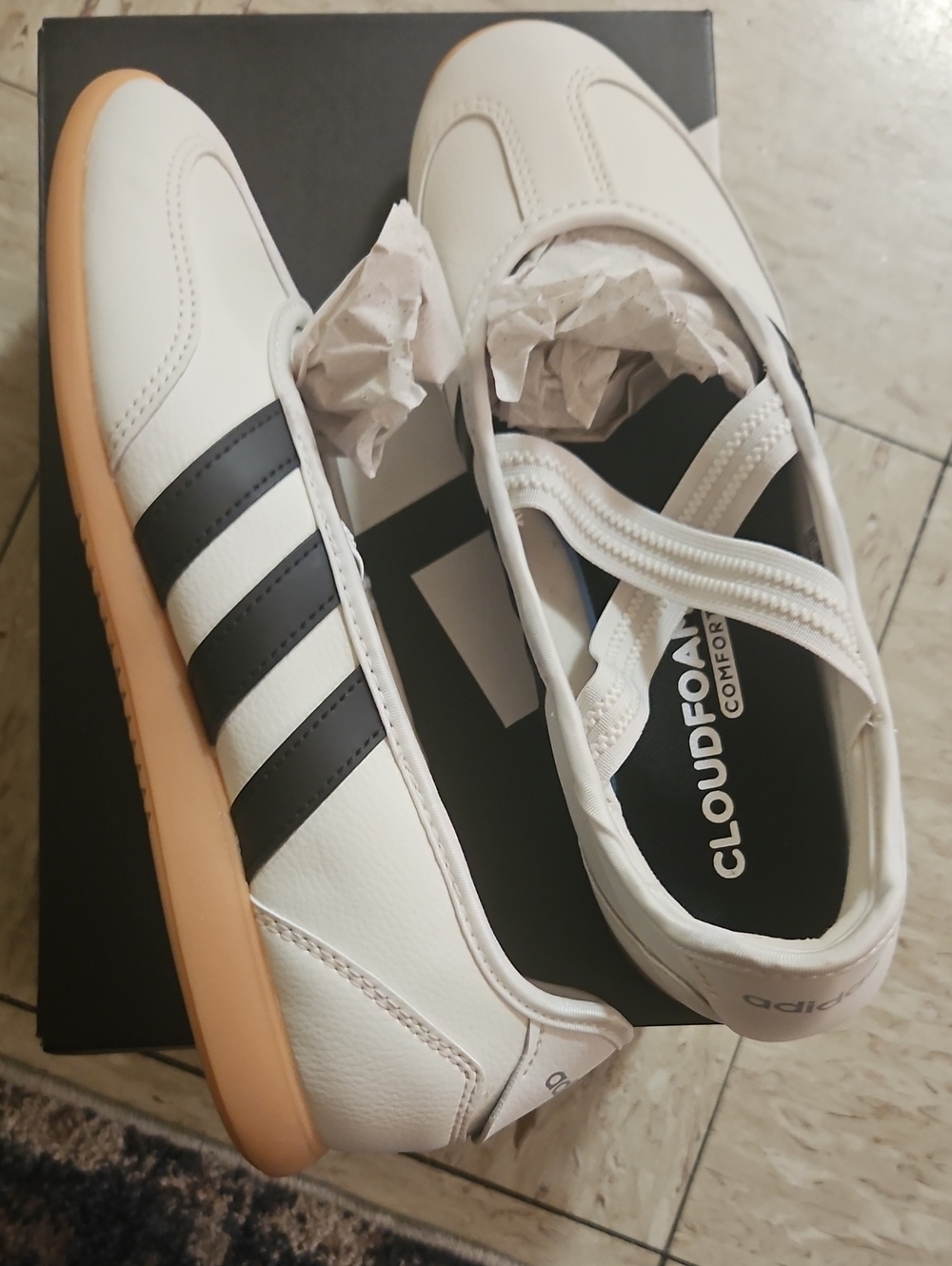 adidas Women’s White Sneakers with Black Stripes and Gum Sole